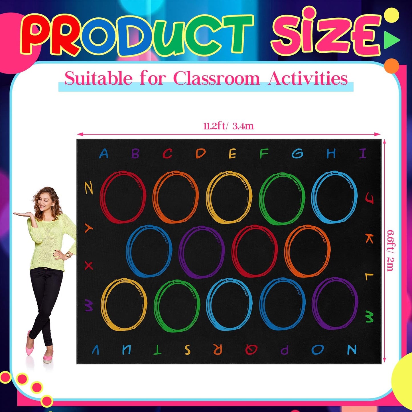 Teenyyou 6.6 x 11.2 ft Classroom Rug with Colorful Circle Elementary Educational Large Area Rug Kids Room Children Classroom Carpet Playroom Learning Preschool School Decor Seating Carpet 14 Seats