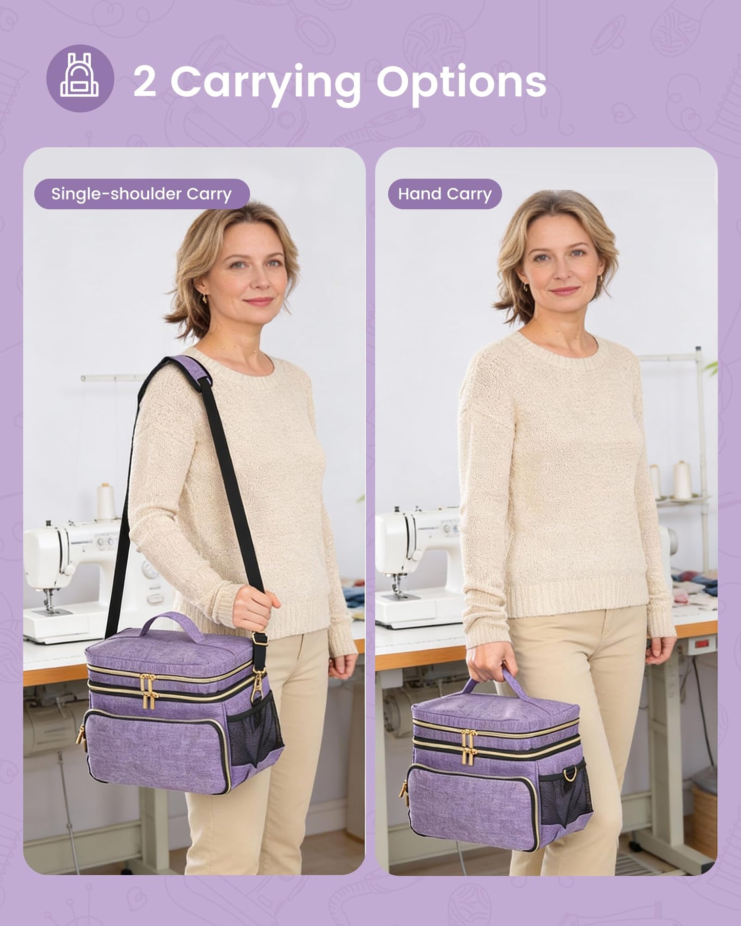 Hautton Large Sewing Ogranizers, 2 Layer Storage Bag for Sewing Supplies with 2 Detachable Pouches Sewing Bag with Shoulder Strap (Bag ONLY) -Purple