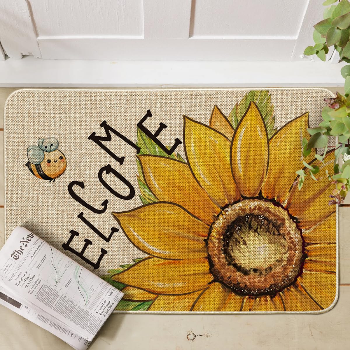 Artoid Mode Sunflowers Bee Welcome Summer Doormat, Seasonal Summer Holiday Yard Floor Switch Mat for Indoor Outdoor 24x35 Inch