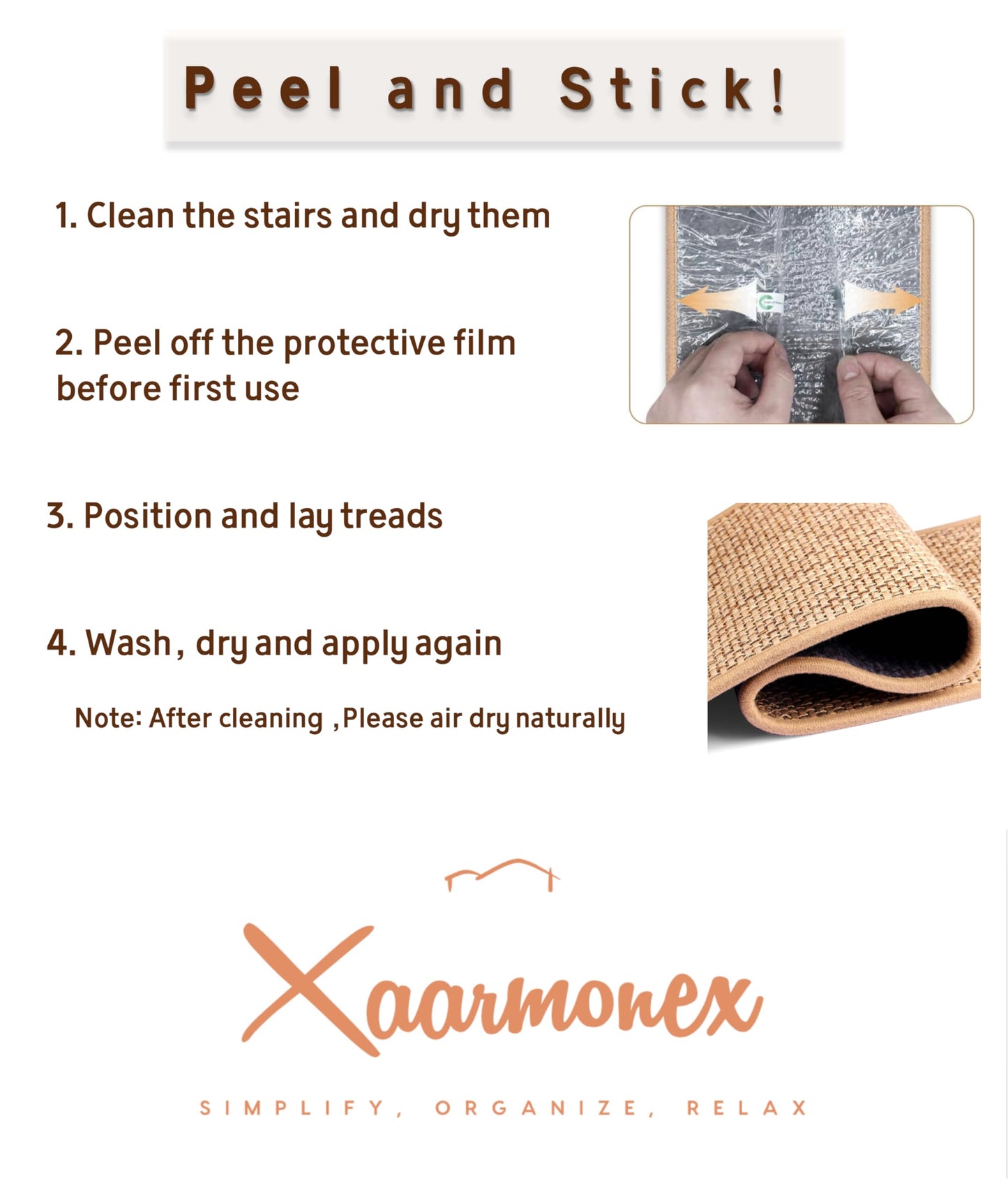 Xaarmonex Natural Linen Stair Treads for Wooden Steps, 15 Pcs 8" x 30",Non Slip Stair Runner, Peel and Stick Carpet Indoor for Kids Elders and Pets (15, Beige, 8" x 30")