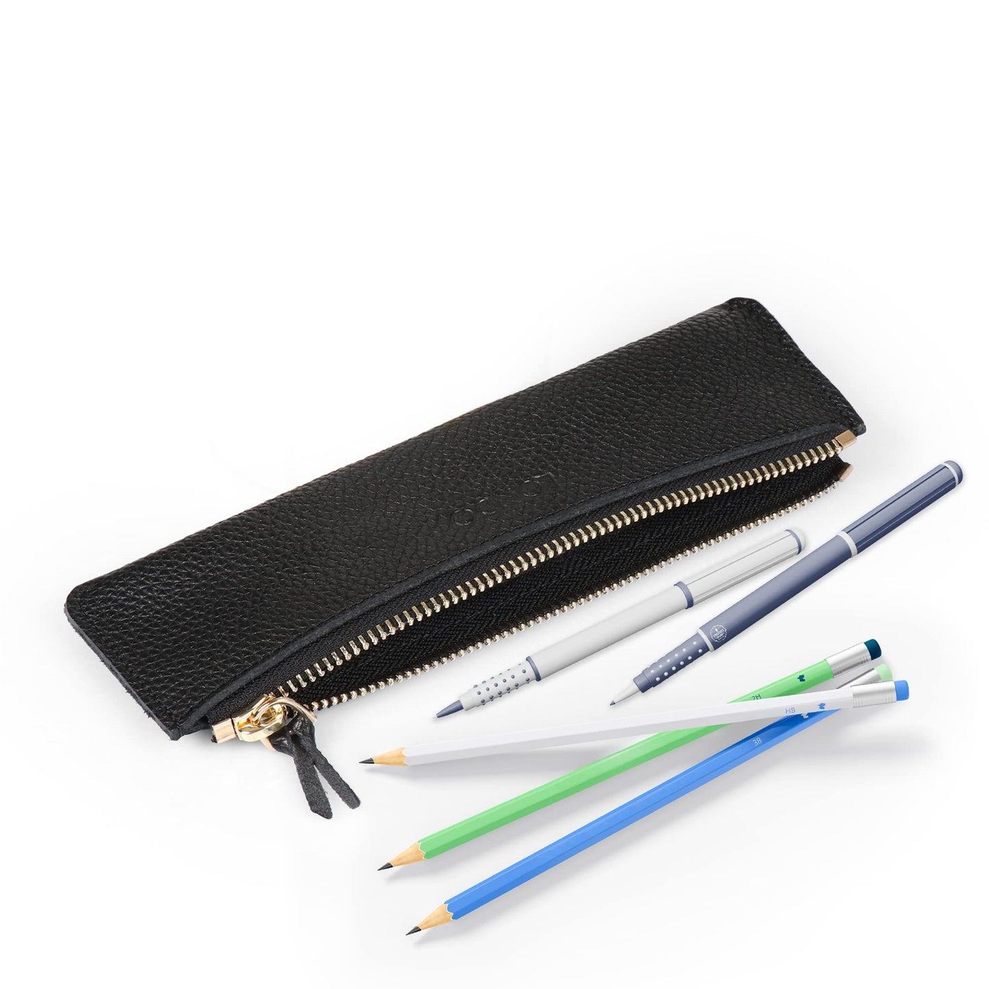 Londo Zippered Genuine Cowhide Leather Pen & Pencil Case — Slim Fountain Pen Holder, Pencil Pouch, Stationery Organizer, Makeup Brush Case, Travel Pouch — Gift for Writers, Students, Teachers, Black