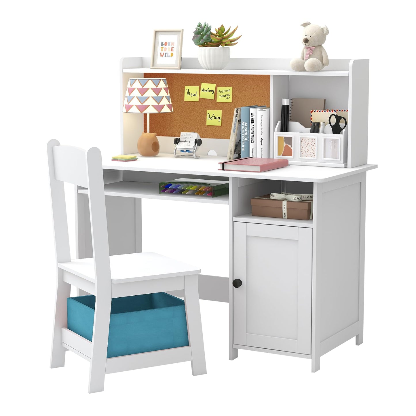 TaoHFE Kids Desk and Chair Set, Kids Desk Chair with Storage and Shelf, Wooden Kids Table and Chairs for Bedroom and Study, Craft Table with Storage Gifts for Boys, Girls to Study, White