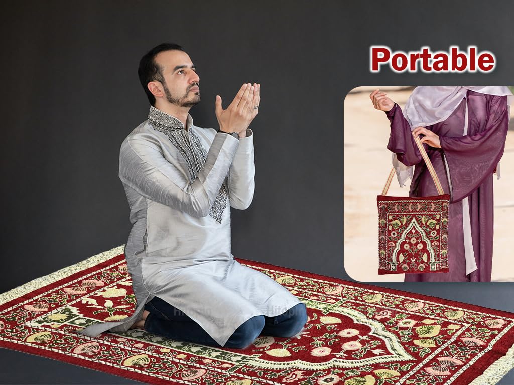 Hitopin Red 2'4" x 3'7" Traditional Floral Low Pile Nylon Prayer Rug, with Elegant Design Bags, Soft, Non-Slip, Water-Resistant, Perfect for Prayer, Ramadan, Eid al Fitr, Gift