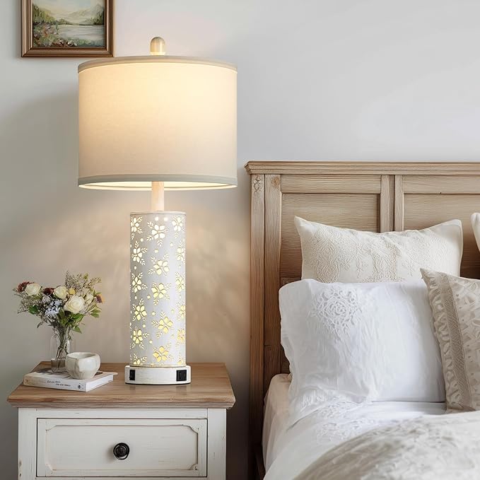 Set of 2 Rustic Table Lamps for Living Room Bedroom, Vintage Farmhouse Nightstand Lamp with 2 USB Ports, Hollow Out Metel Lamp for End Table with Nightlight (Retro White)