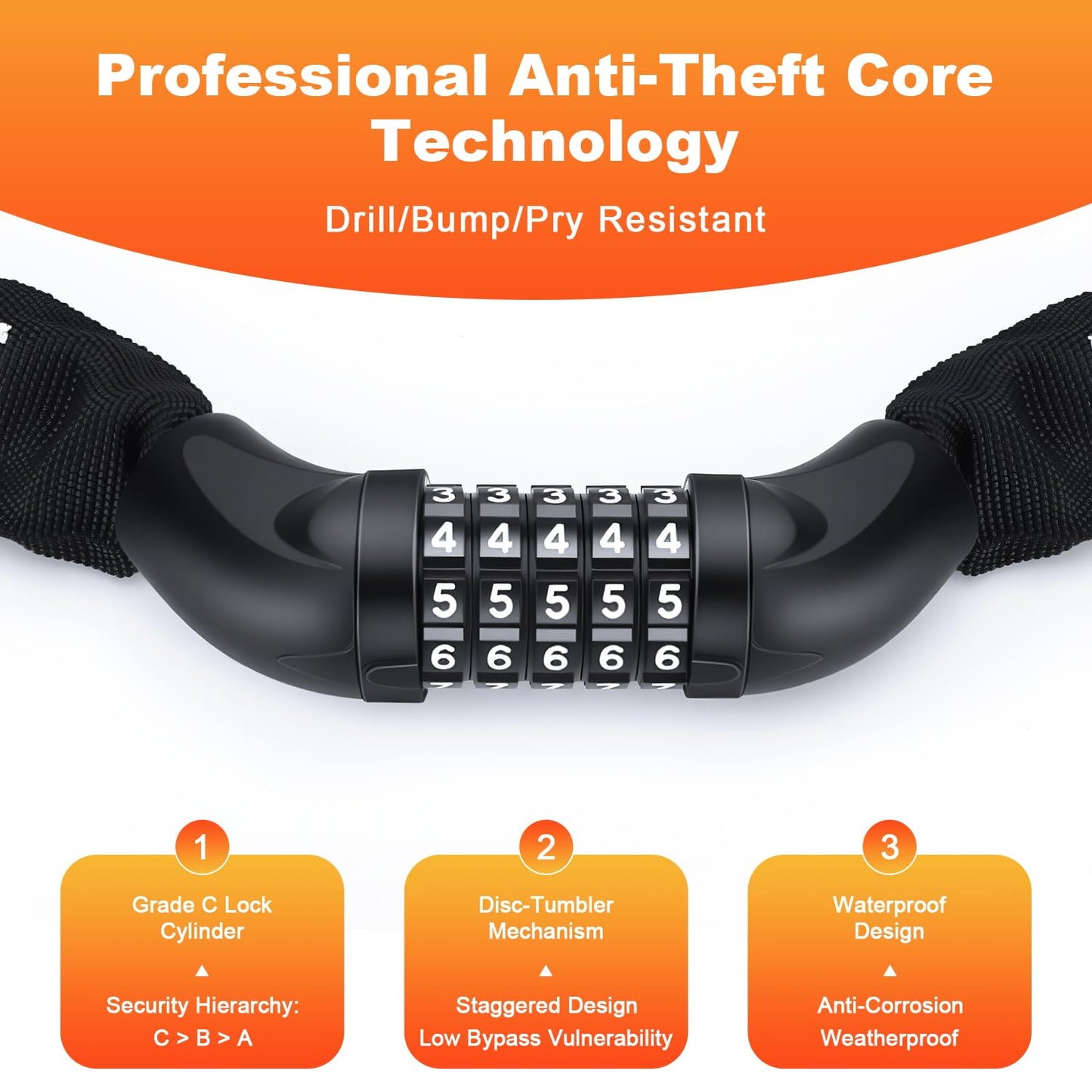 Heavy Duty Bike Chain Lock, 5 Digit Combination Resettable Bike Lock, Anti-Theft Hardened Steel Chain Bicycle Locks Keyless 3.2Ft Long 6mm/0.24" Thick for Bikes, E-Bike, Motorcycle, Motorbike