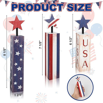 COCHIE 4th of July Decorations Set, Red White Blue Decor, Wooden Patriotic Memorial Day Tiered Tray Decor, Labor Day Decorations, Fourth of July Decoration for Home Office Table (Flag Retro)