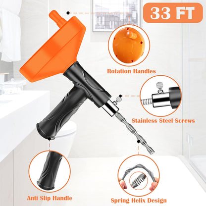 33 Feet Drain Snake Auger, Plumbing Snake Drain Hair Clog Removal Tool, Sink Unclogger Drain, Heavy Duty Drum Auger, Cleaner Tool for Bathroom Kitchen Tub Shower Drain Clog Remover with Gloves，Orange