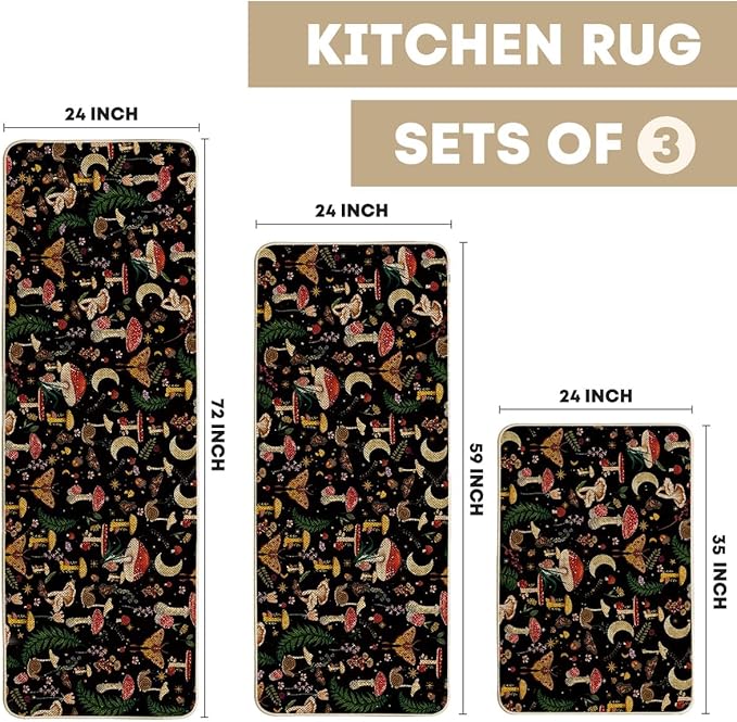 Artoid Mode Black Mushrooms Butterfly Spring Kitchen Mats Set of 3, Home Decor Low-Profile Kitchen Rugs for Floor - 24"x35"+24"x59"+24"x72"