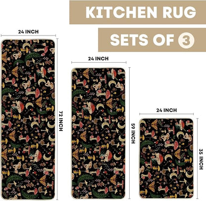 Artoid Mode Black Mushrooms Butterfly Spring Kitchen Mats Set of 3, Home Decor Low-Profile Kitchen Rugs for Floor - 24"x35"+24"x59"+24"x72"