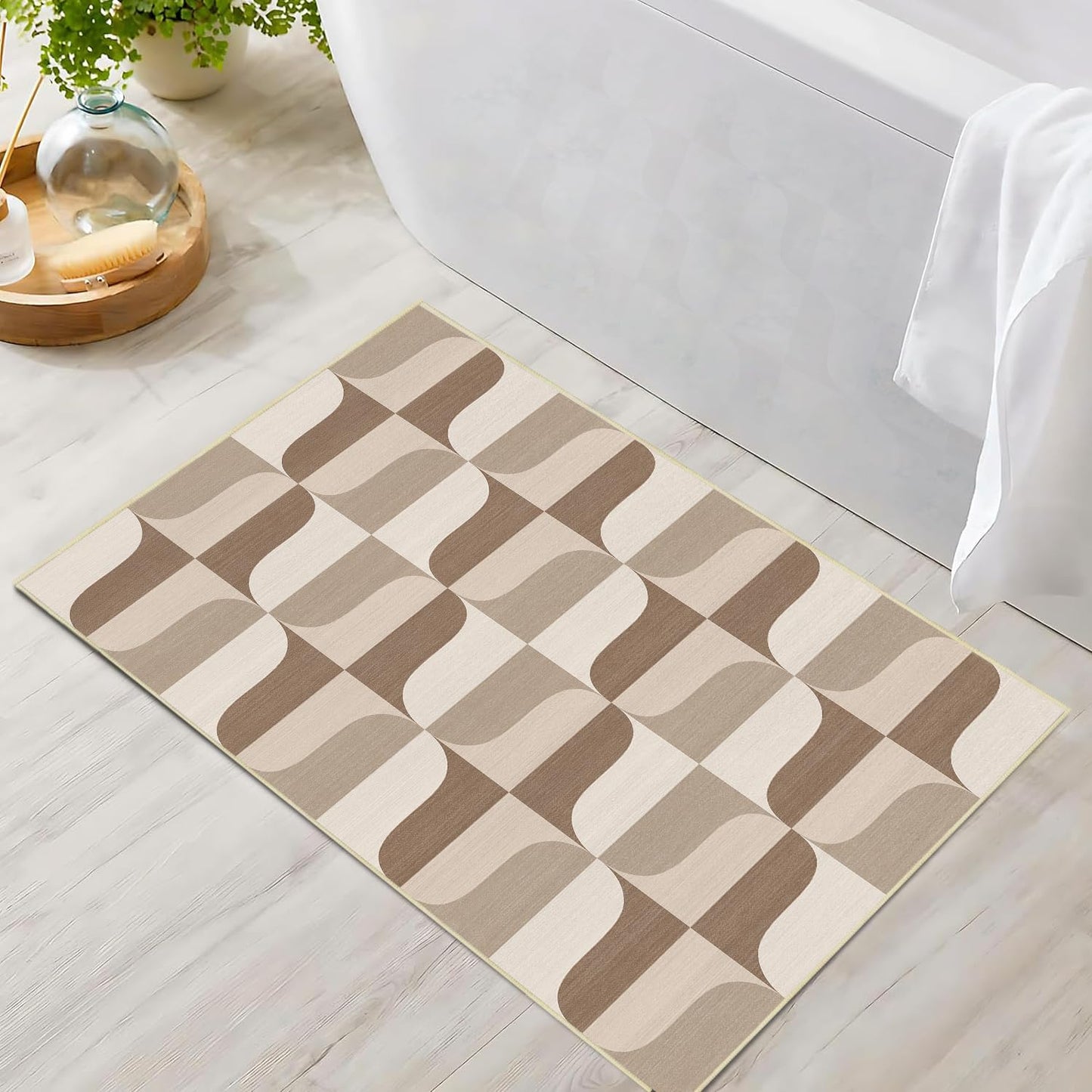 Modern Geometric 2x3 Rug for Entryway Neutral Beige Brown Abstract Mid Century Modern Area Rug Machine Washable Door Mat Small Rugs Non-Slip Printed Low-Pile Floor Carpet for Bathroom Kitchen Laundry