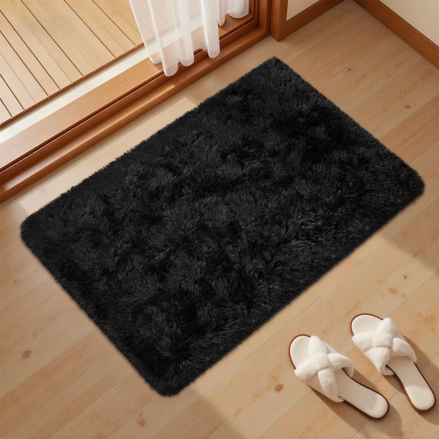 junovo 2x3 Small Washable Rug, Black Soft Non Slip Throw Carpet, Fluffy Shaggy Entryway Rugs for Bedroom Nursery, Indoor Inside Front Entrance Floor Mat for Home Decor Aesthetic