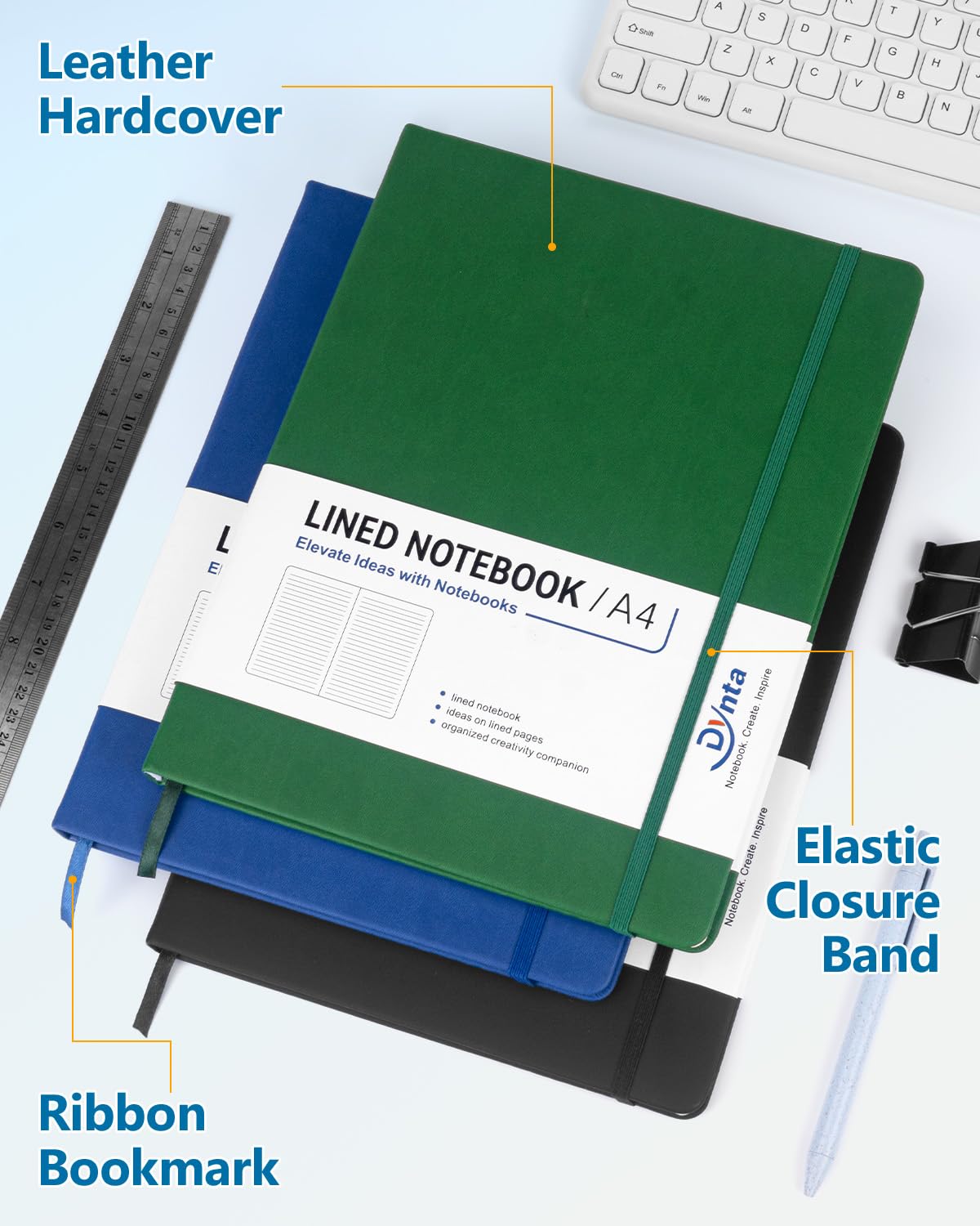 Dynta A4 Lined Journal Notebooks 3 Pack 8.5" x 11" Leather Hardcover Journals 200 Pages/100 Sheets Large Notebooks for Work, Journaling, Note Taking (Black, Green, Blue)