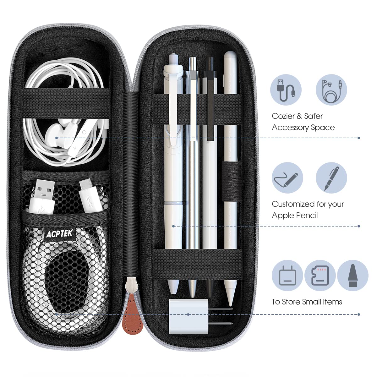 AGPTEK Case Holder for Apple Pencil, Slim PU Leather Carrying Case Pouch Cover Compatible with Apple Pen Accessories, USB Cable, Earphone,Samsung Stylus iPad Pro Pen/Pencil, Recording Pen, Gray