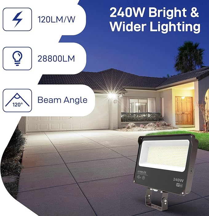 HYPERLITE LED Flood Light 240W 28800LM 5000K Daylight IP65 Waterproof Outdoor Floodlights UL Certified for Court,Garden,Warehouse