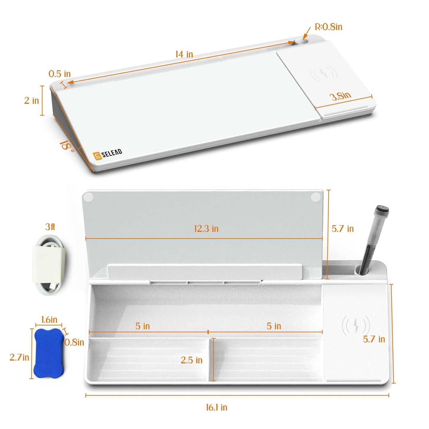 SELEAD Desktop Glass Whiteboard with Wireless Charger Station, Dry Erase Board Computer Pad Keyboard Stand with Organizer Drawer for Home, School, Office Desk Accessories, White