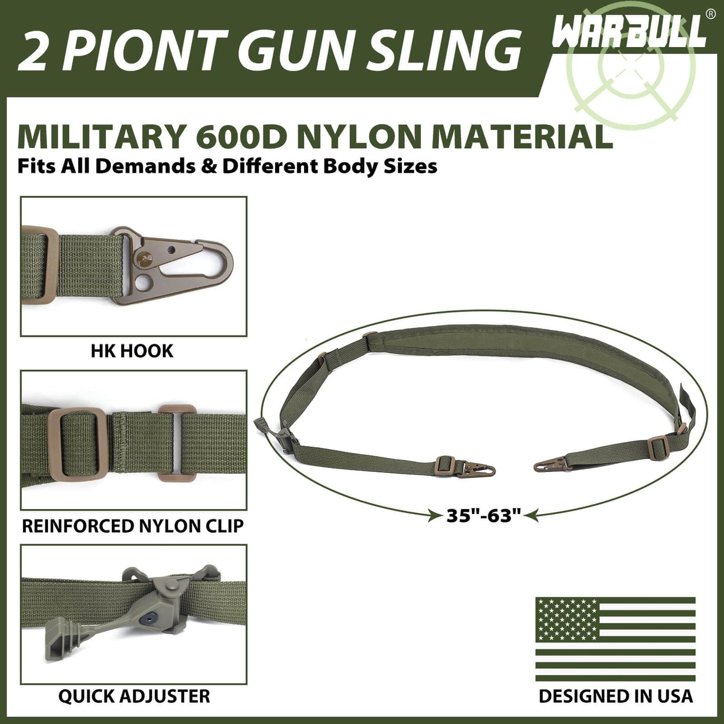 WarBull Quick Adjust Rifle Sling, QD Swivel 2 Point Sling with HK Hook, Soft Shoulder Pad Tactical Gun Sling for Rifle, Shotgun, and Crossbow, for Hunting, Camping, and Outdoor Sports (OD Green)