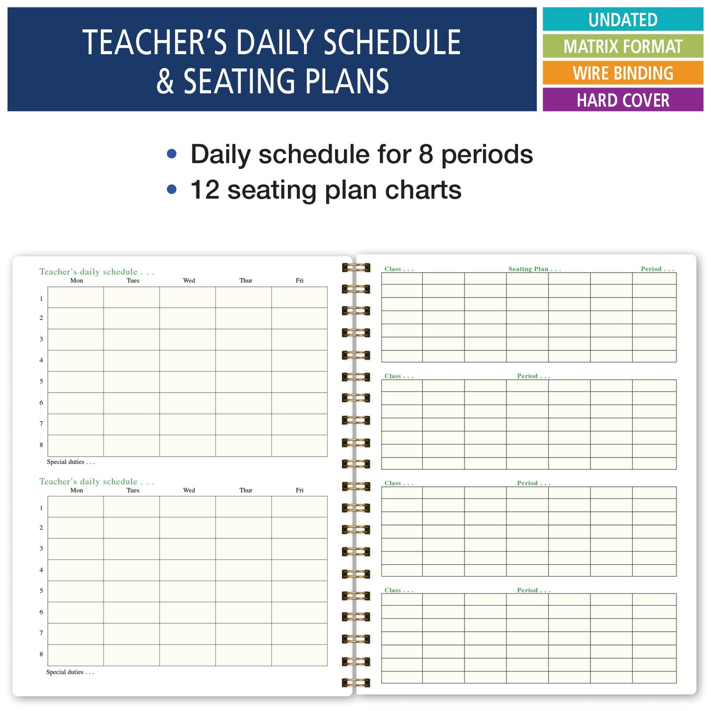 Elan Publishing Company HARDCOVER Combination Plan and Record Book - 8 Period Teacher Lesson Planner (Teal Floral)