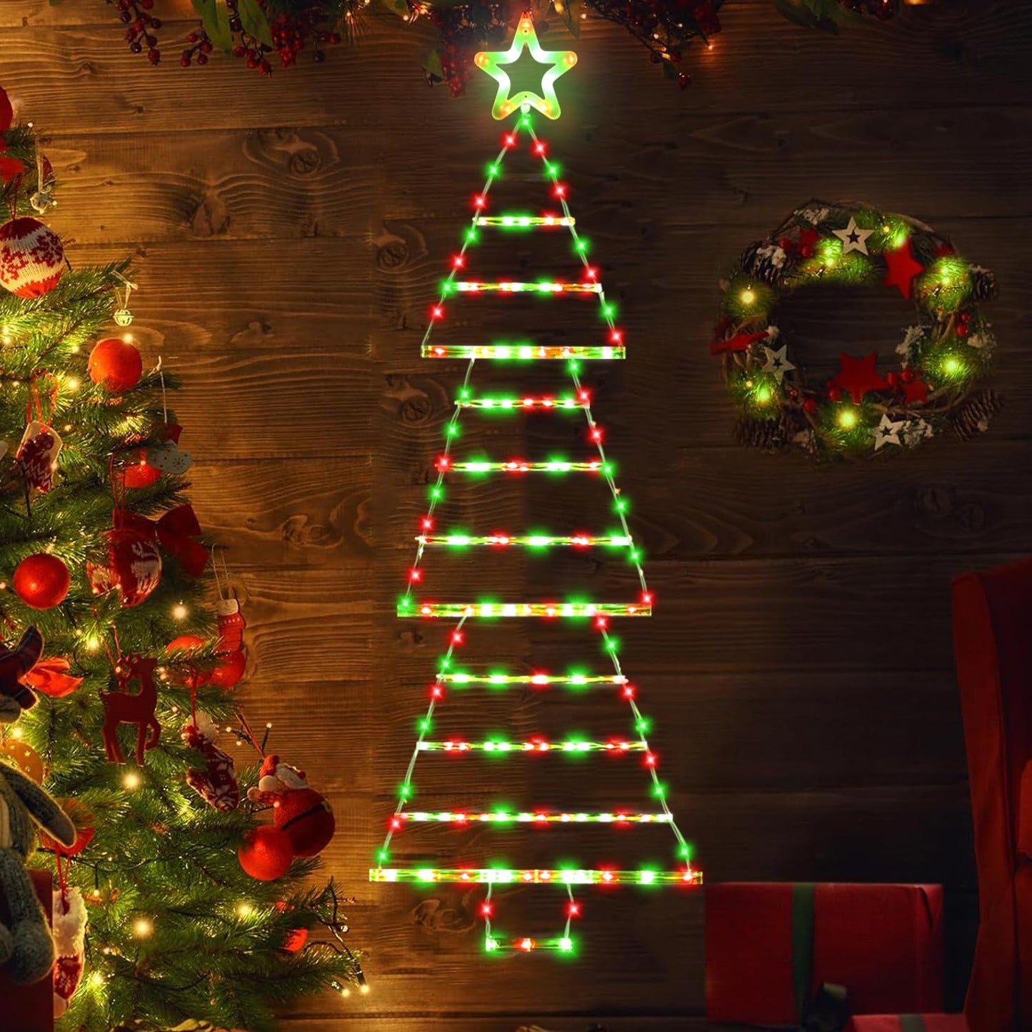 PUHONG (New) Christmas Ladder Lights, 4.6ft Christmas Decorations with Star Topper, Xmas Hanging Ornament with 8 Light Modes, LED Indoor String Lights for Doors, Walls and Windows - Red&Green