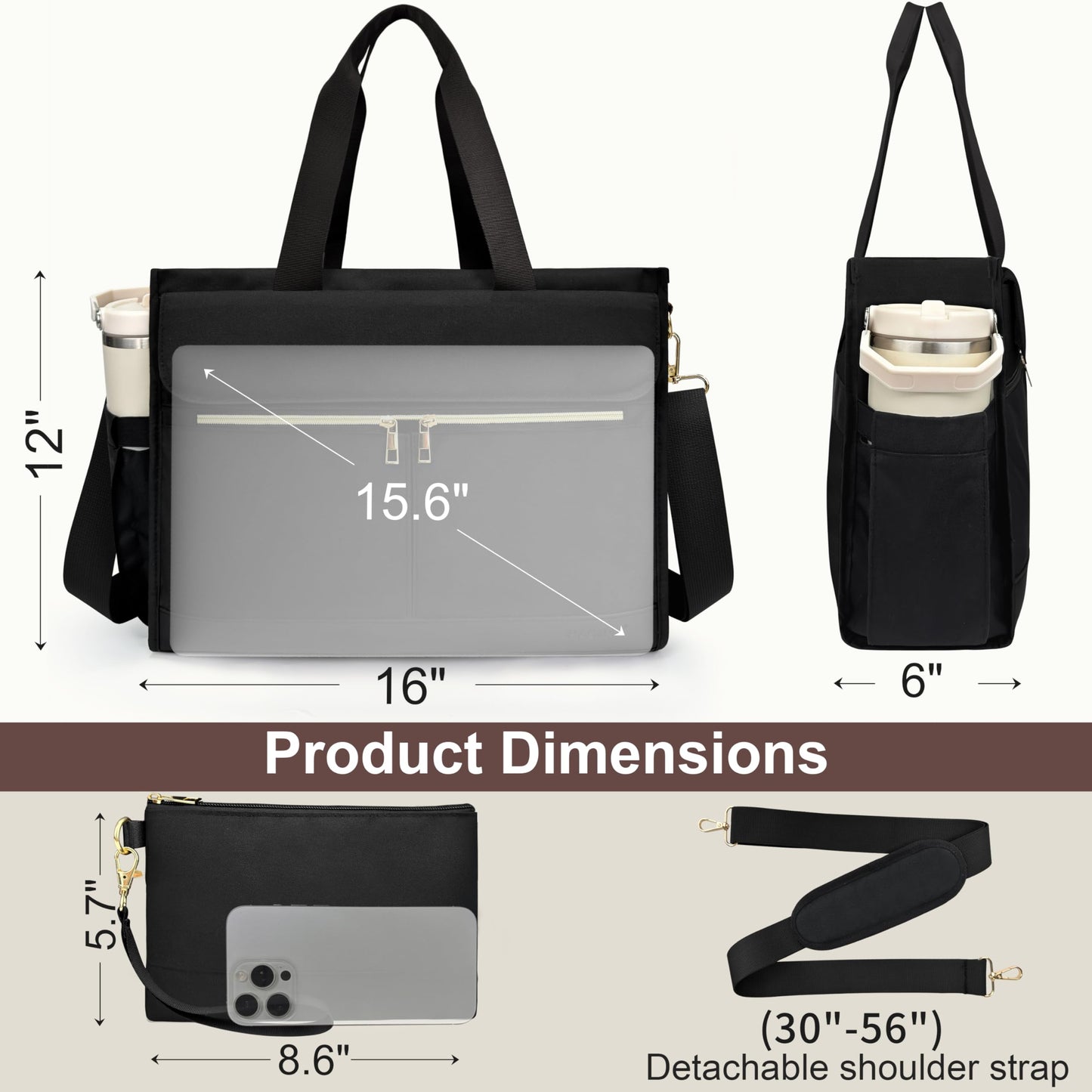 PASMAN Laptop Bag for Women 15.6 Inch, Work Bags for Teacher & Nurse with Compartments, Professional Office Computer Handbag(Black)