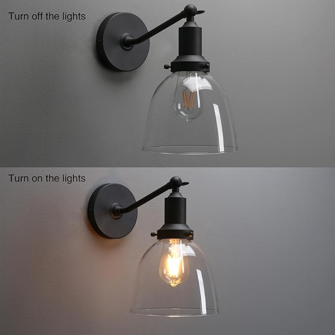PERMO Industrial Sconces Slope Pole Sconce with 6.7" Oval Dome Clear Glass Shade Matte Black Wall Sconce Wall Mount Light Fixture for Bathroom Bedroom Entryway Home Office Kitchen