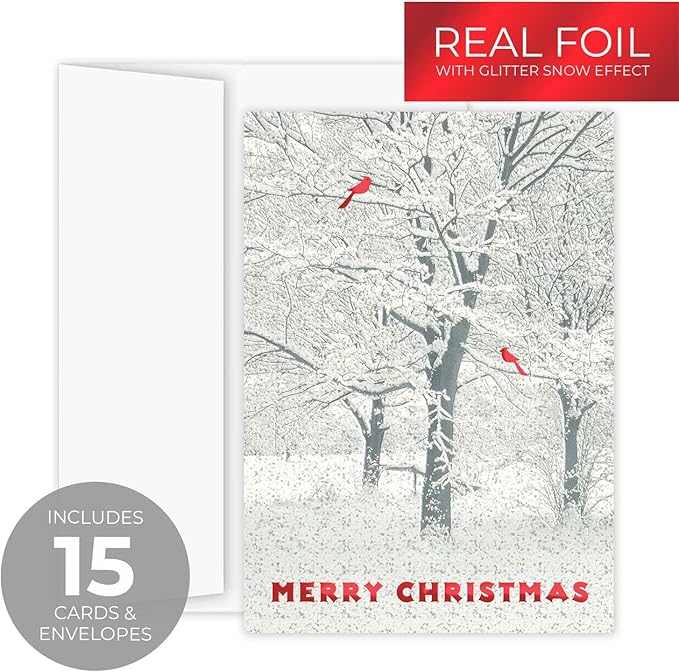 Masterpiece Snowy Trees And Cardinals Christmas Cards / 15 Winter Holiday Cards Set With Glitter And Red Foil With White Envelopes / 5 5/8" x 7 7/8" Sparkling Snow Greeting Cards With Inside Verse