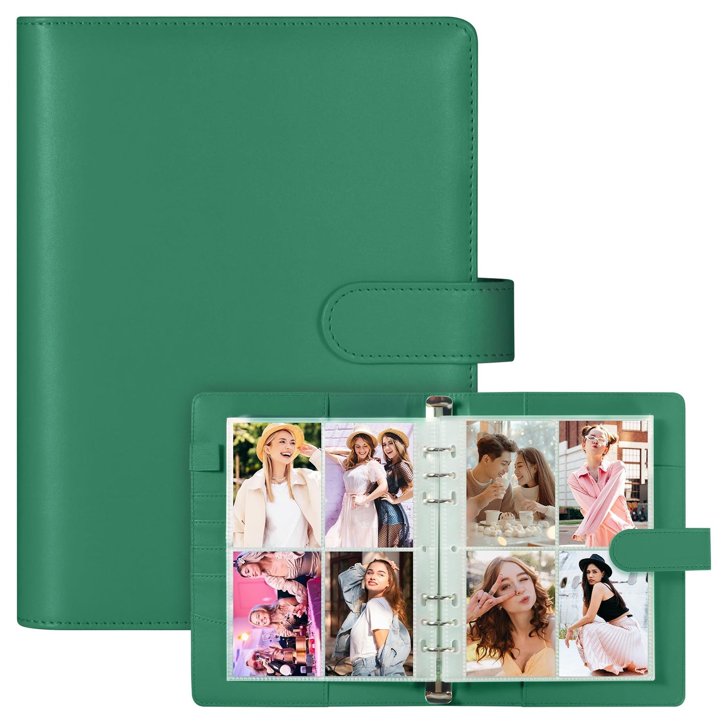 A5 Photocard Holder and Binder, PU Leather 6-Ring Album with Magnetic Closure, Includes 30 Pack 4-Pocket Pages for 240 Cards, Card Holder for Kpop, Trading, and ID Cards (Forest Green)
