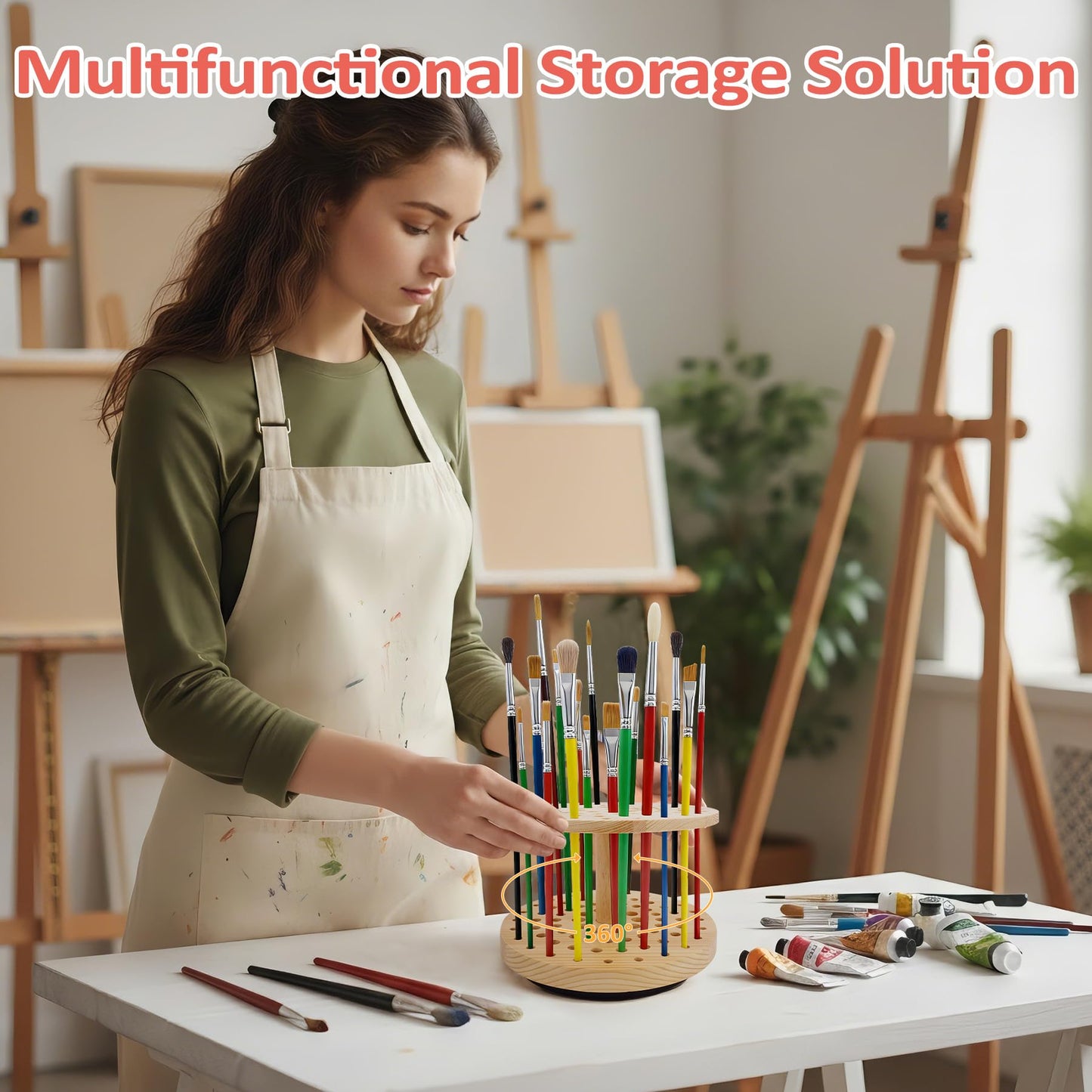 BREENHILL 71-Hole Rotating Paint Brush Holder, Large Capacity Wooden Paint Brush Organizer, 360° Spinning Brush Storage Rack for Watercolor, Acrylic, Calligraphy