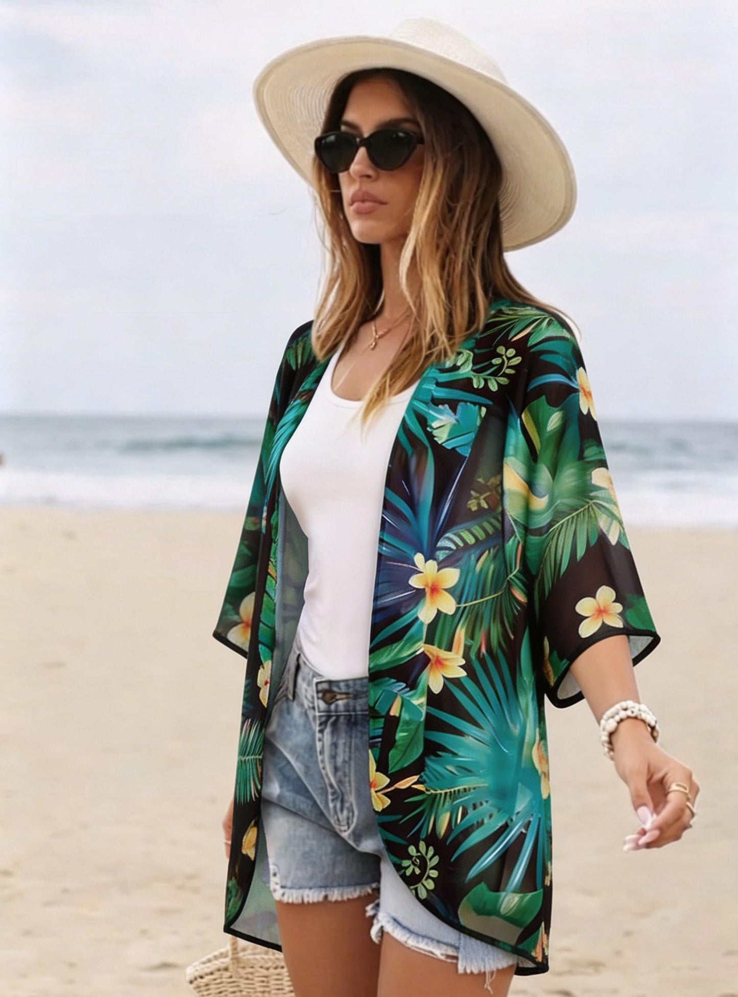Women's Floral Print Puff Sleeve Kimono Cardigan Loose Cover Up Casual Blouse Tops (Black Green Print, 3XL)