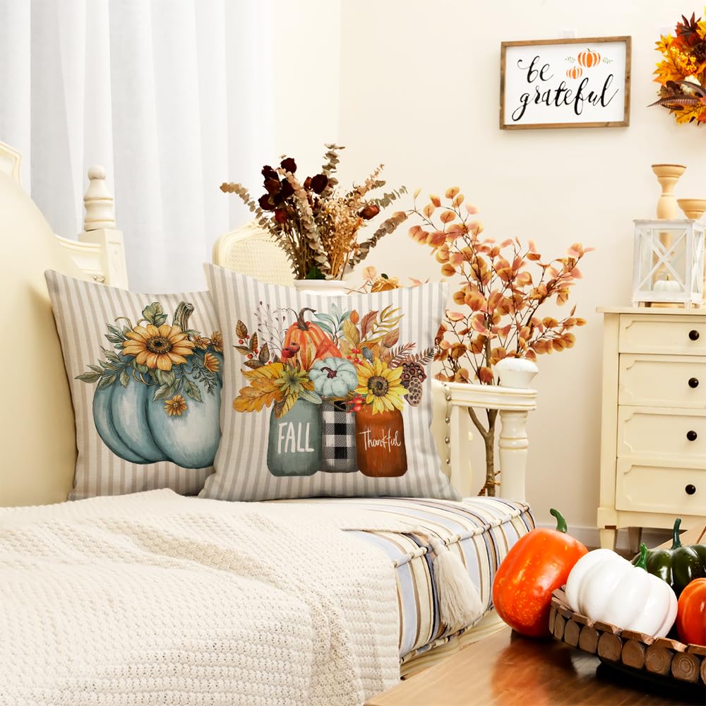 GEEORY Fall Blue Pumpkin Sunflower Buffalo Plaid Pillow Covers 18x18 Set 4