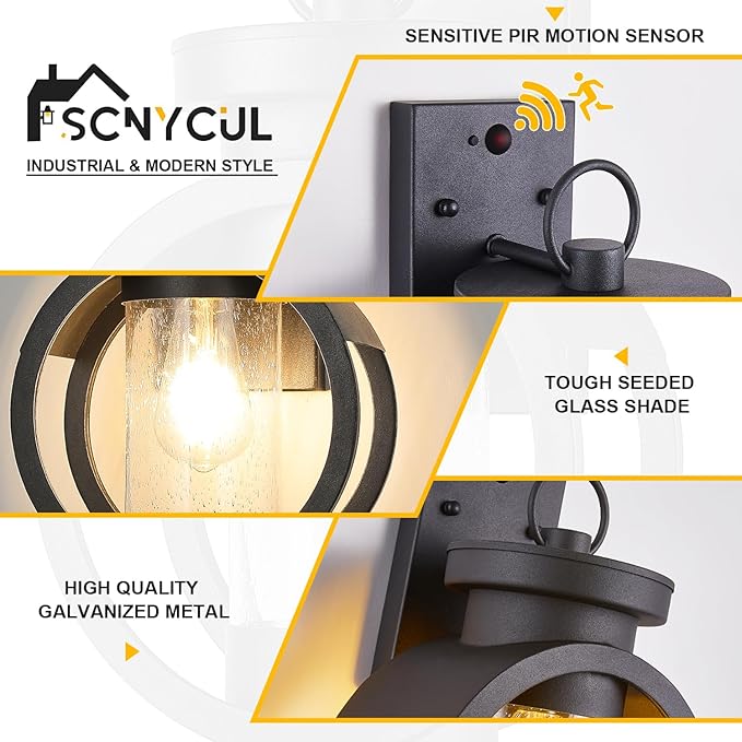 Motion Sensor Industrial Outdoor Sconce Modern Exterior Wall Mounted Light Fixture Waterproof Outdoor Wall Lantern, Matte Black Outside Lamp with Seeded Glass for House, Porch, Garage
