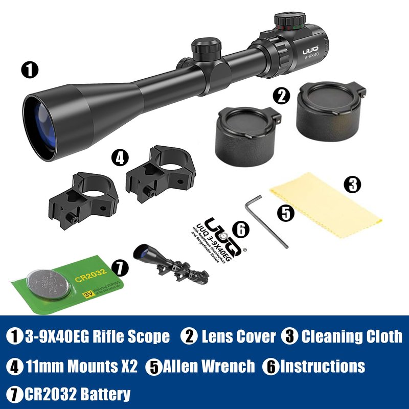 UUQ 3-9×40 Rifle Scope with Red/Green Illumination and Rangefinder Reticle - Includes Batteries, Fits 11mm Free Mounts, Waterproof and Fog-Proof,for Hunting,Airsoft and Pellet Gun