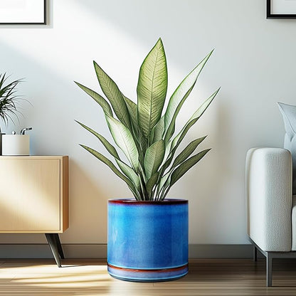 EFISPSS 10 Inch Plant Pot, Ceramic Large Planter for Outdoor Plants, Plant Pots with Drainage Hole and Saucers, Modern Flower Pot for Home Garden Patio Office - Blue