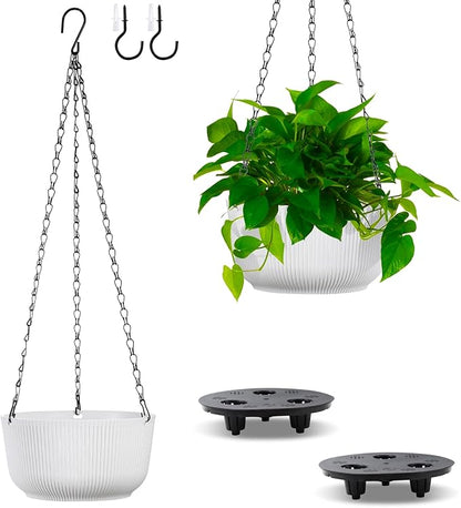 Set of 2 9 Inch White Self Watering Hanging Planters for Indoor Outdoor Plants, Thickened Hanging Flower Pots with Drainage Hole & Plug and 20" Chain Hanger