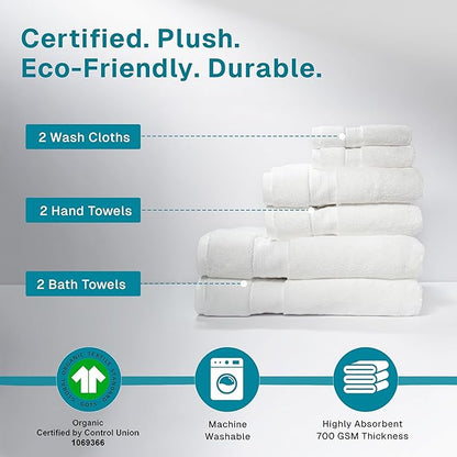 100% Organic Cotton Bath Towel Set | Bathroom Luxury Towel Set of 6 | GOTS