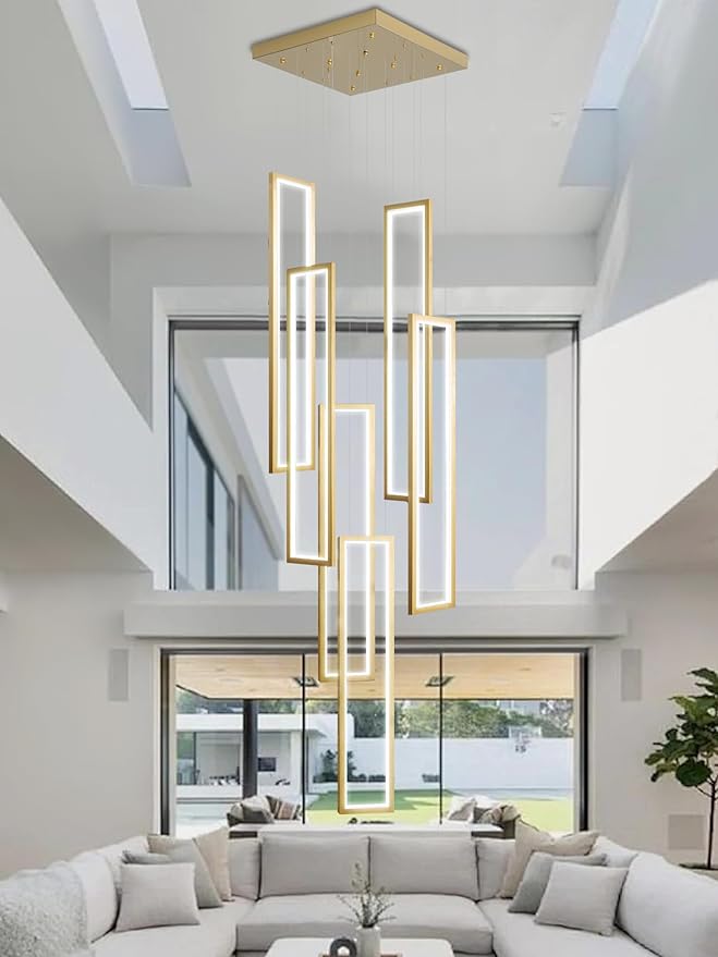Flashing God Modern Chandelier,Gold Chandelier with 6 Ring Led Foyer Chandeliers,Larger High Ceiling Chandelier for Living Room,Square Chandelier for Entryway Staircase LED Dimming 2700k-6001k