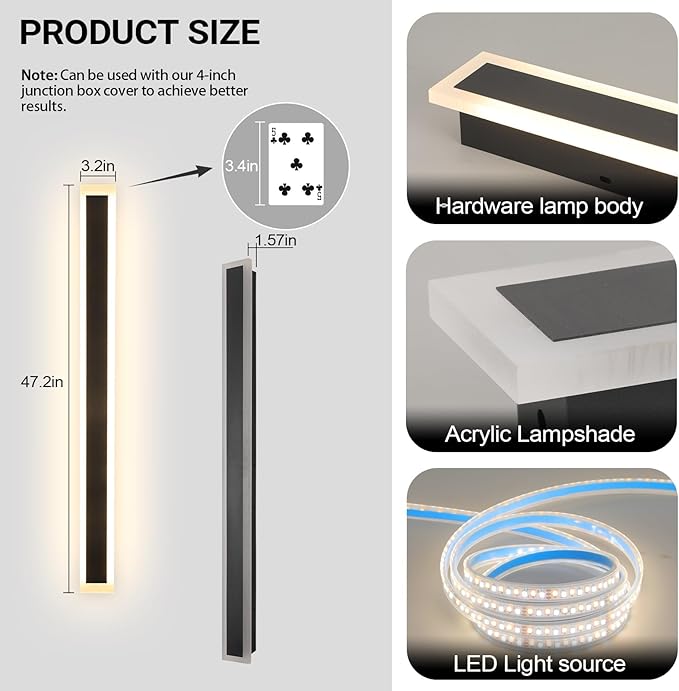 47 Inch Long Outdoor Wall Lights 3000K Black Exterior Light Fixtures Wall Mount Modern Porch Lights Sconce Long LED Modern Outdoor Wall Sconce for House Front Door