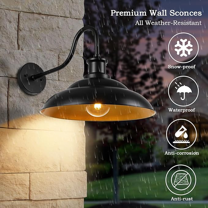 Outdoor Gooseneck Barn Light Fixture, 16 Inch Dome Large Wall Sconce Farmhouse Exterior Wall Mount Light for House Garage Patio Doorway
