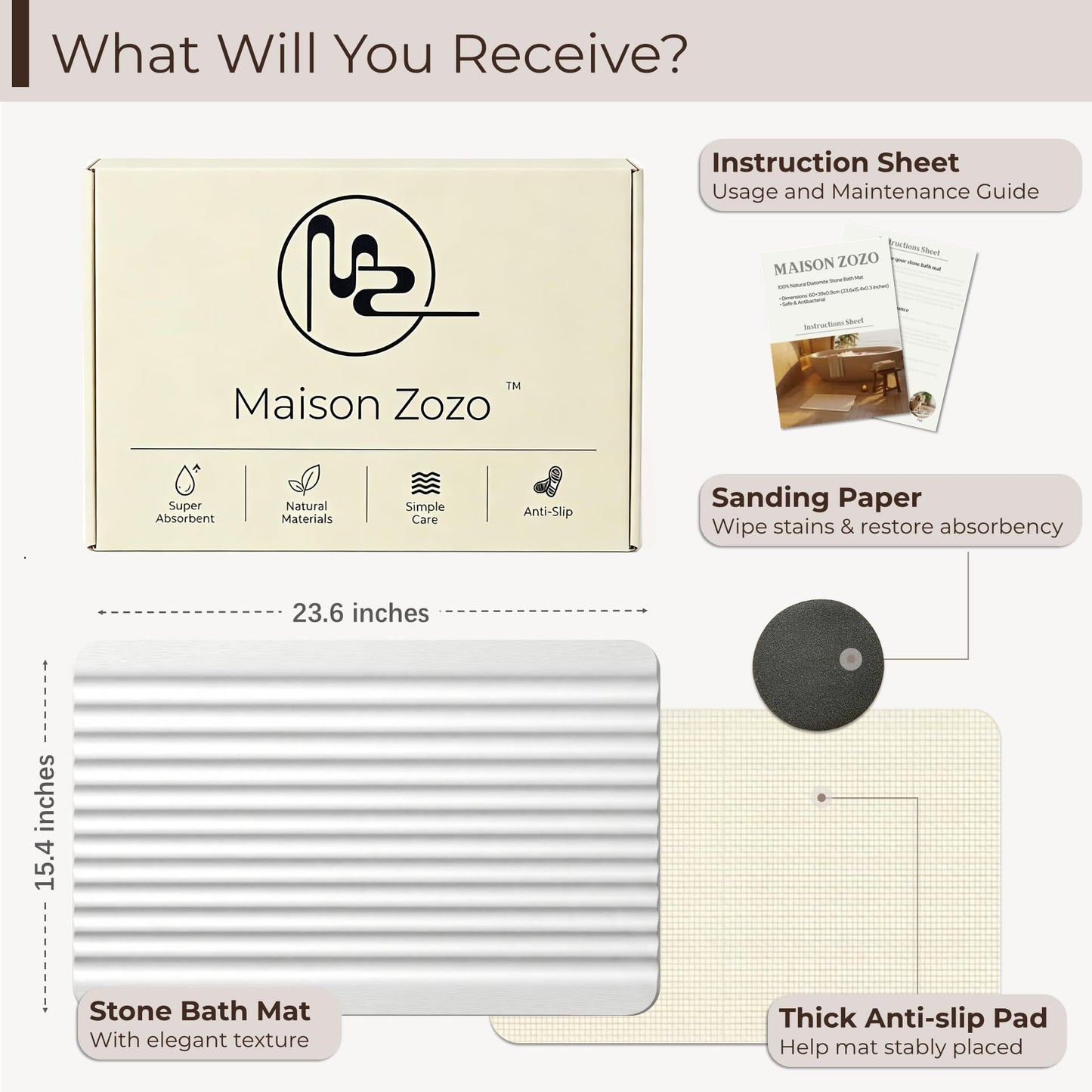 Maison Zozo Stone Bath Mat Diatomaceous Earth Shower Mat Non-Slip Ultra Absorbent Durable Stone Mats for Bathroom/Kitchen Fast-Drying Modern Design Easy to Clean (24''*16'' White)