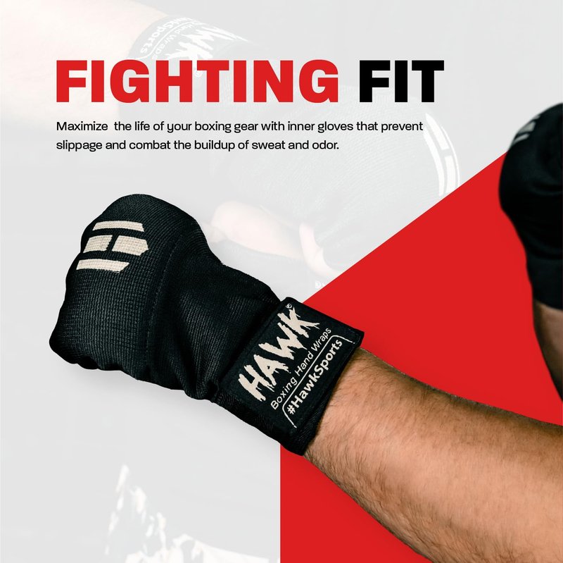 Hawk Padded Inner Gloves Training Gel Hand Wraps for Boxing Quick Wraps Men & Women Kickboxing Muay Thai MMA Bandages Fist Knuckle Wrist Protector Handwraps (Pair) (Black, S/M)