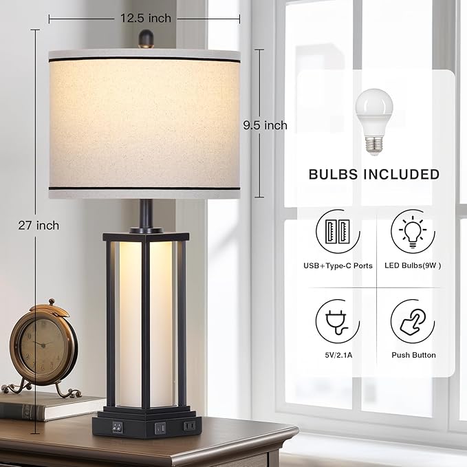 27" Tall Vintage Table Lamp with USB C+A & Outlet,Black Industrial End Table Lamp for Living Room,Farmhouse Rustic Bedside Lamp with Frosted Glass Night Light for Bedroom Nightstand,Black-1P