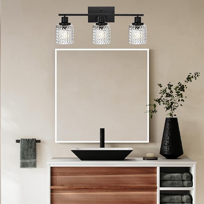 MELUCEE 3 Lights Modern Bathroom Light Fixtures Black Vanity Lights Indoor Wall Mounted Light with Hammered Glass Shade Suitable for Bathroom Living Room Hallway
