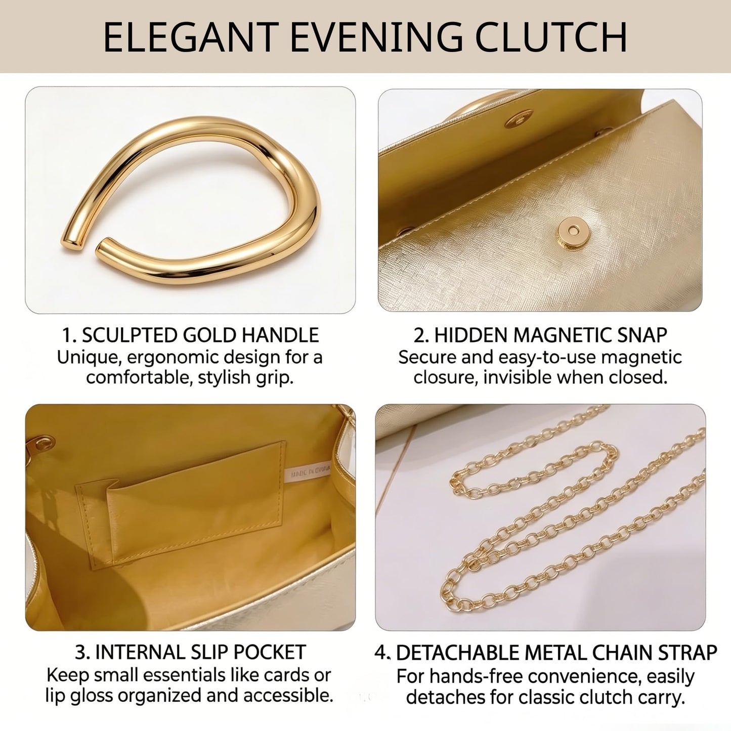MYHOZEE Clutch Purses for Women Vegan Leather Evening Bag Formal Elegant Wedding Clutch Trendy Gold Handle Purses