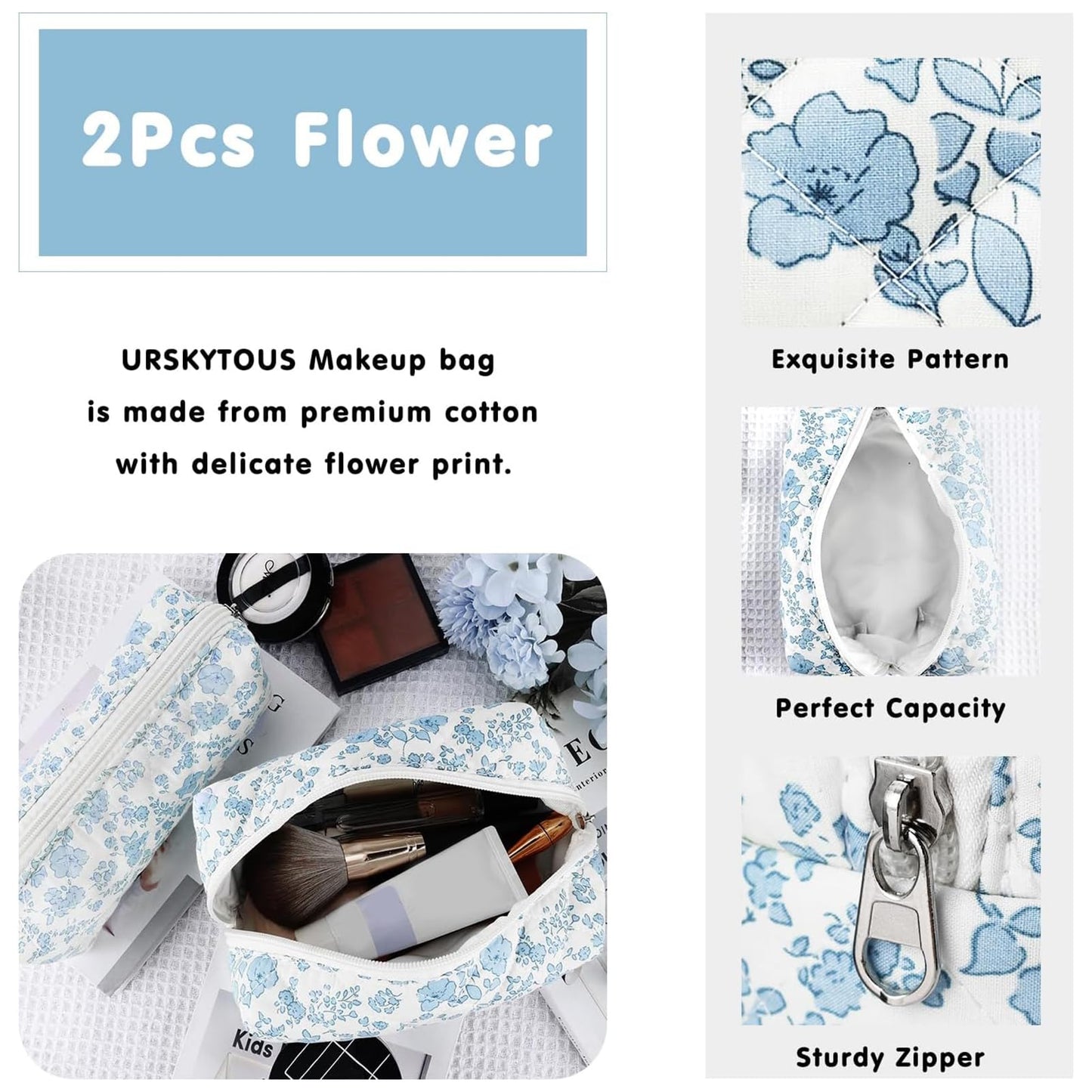 URSKYTOUS 2Pcs Floral Makeup Bag for Women Cotton Quilted Small Coquette Cosmetic Bag Cute Zipper Blue Flower Makeup Pouch Aesthetic Portable Pencil Case Travel Toiletry Bag Trendy Cloth Skincare Bag