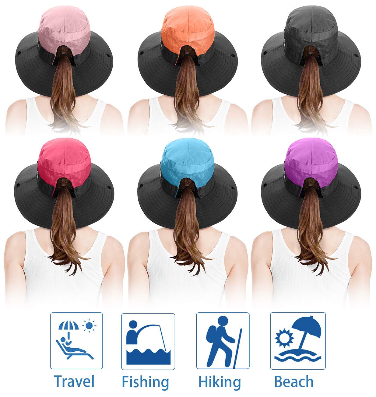 6 Pieces Womens Ponytail Wide Brim Sun Hat Packable UV Protection Beach Cap for Fishing & Hiking