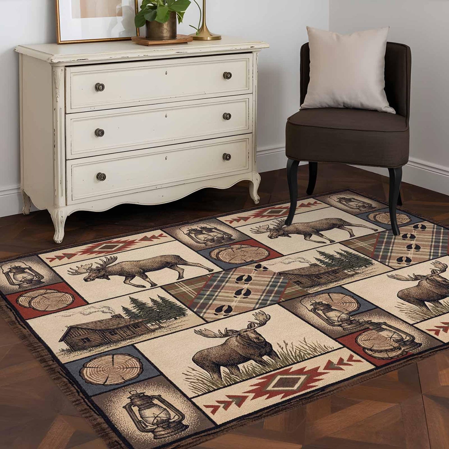 Country Style Washable Rug 4x6 Farm Buck Wooden House Aztec Plaid Patchwork Area Rugs for Living Room Non Slip Non Shedding Floor Carpet Low-Pile Rug for Kitchen Bedroom Entryway Office