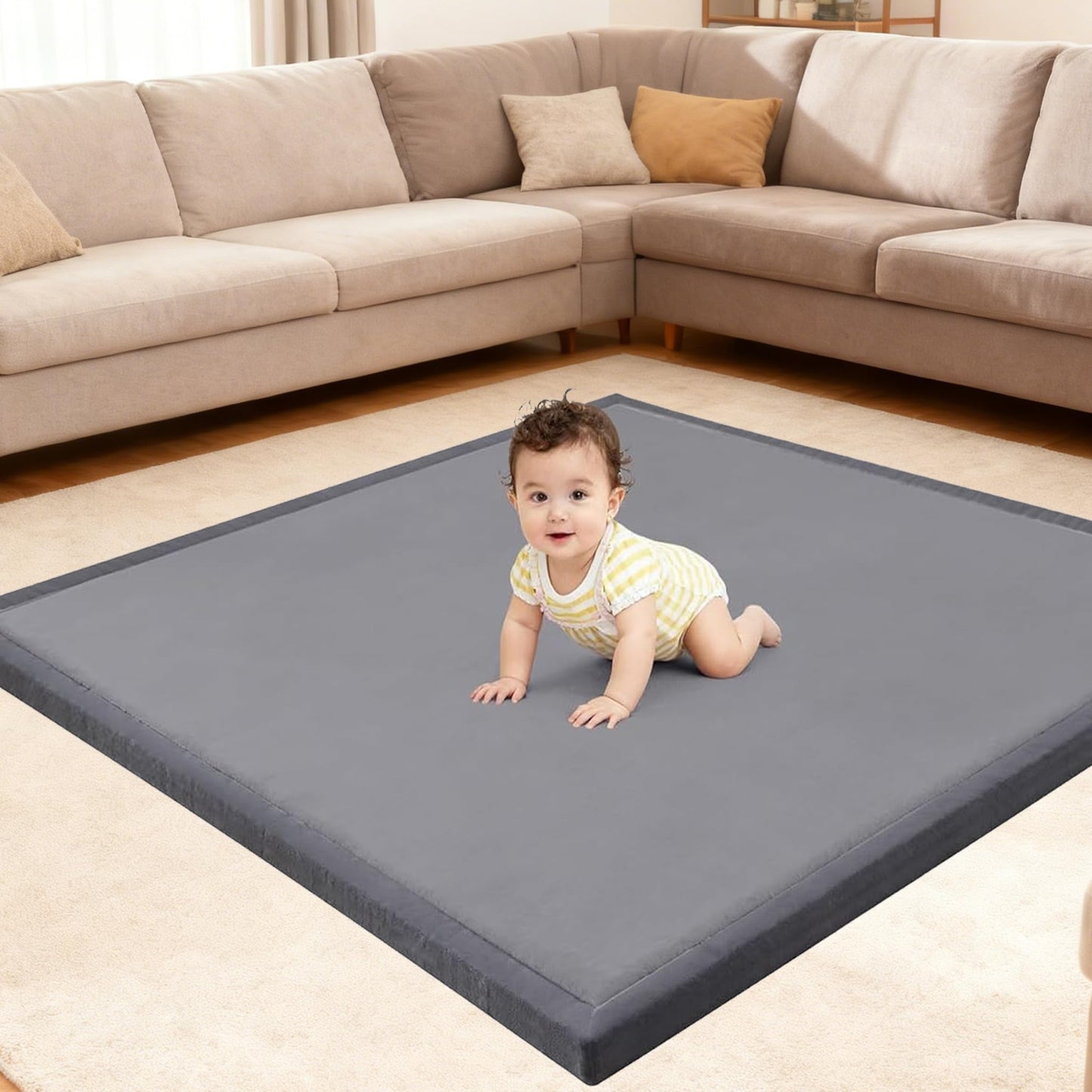 Fengdulong Ultra Soft Baby Play Mat for Floor, 50"x50" Playpen Mat, 1.3" Thick Memory Foam, Non-Slip Tummy Time Mat for Infants, Toddlers, and Kids – Water-Repellent Coral Velvet, Easy Care