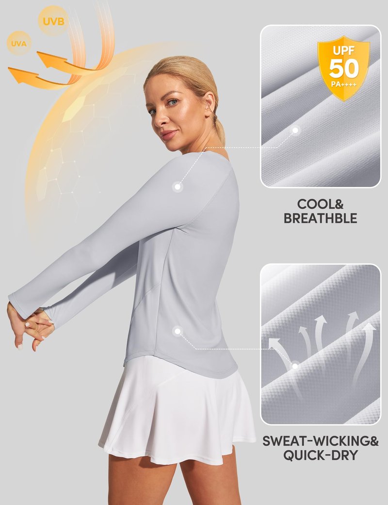 IUGA Rash Guard for Women with Pockets UPF 50+ SPF Shirts for Women Long Sleeve UV Sun Protection Clothing Hiking Swim Shirt Grey