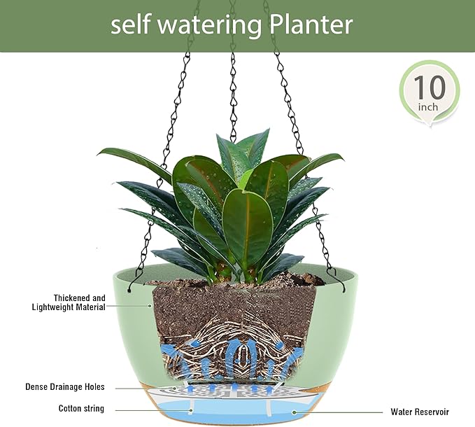 10 Inch Hanging Baskets 2 PC with Chains, Self-Watering Hanging Planters for Indoor Outdoor Plants, Plastic Hanging Flower Pots,Green Brown