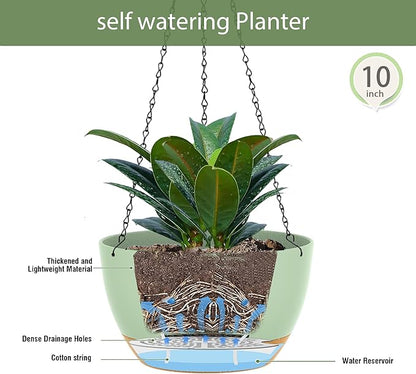 10 Inch Hanging Baskets 2 PC with Chains, Self-Watering Hanging Planters for Indoor Outdoor Plants, Plastic Hanging Flower Pots,Green Brown