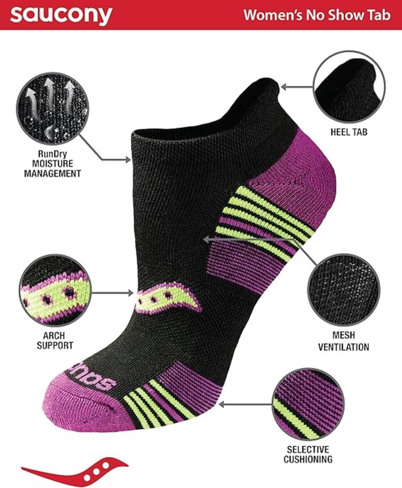 Saucony Women's RunDry Performance 8, 16 Pairs Heel Tab Athletic Socks, S-L, Black Assorted (16 Pairs), Medium